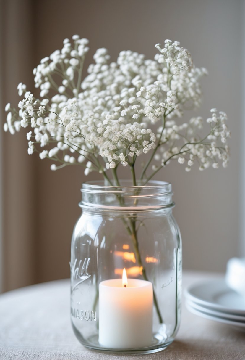 A mason jar filled with white baby's breath flowers and a small lit candle inside on a neutral background.