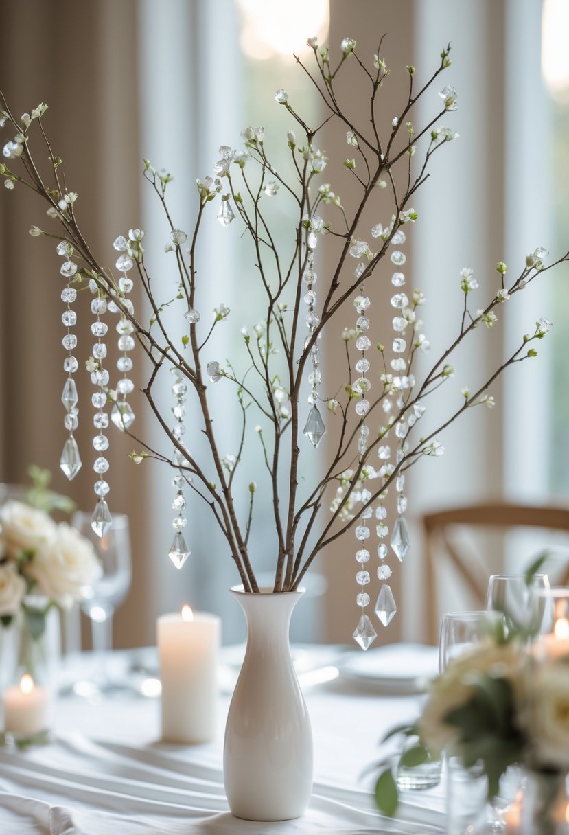 A wedding centerpiece with branches decorated with hanging clear crystals on a white table.