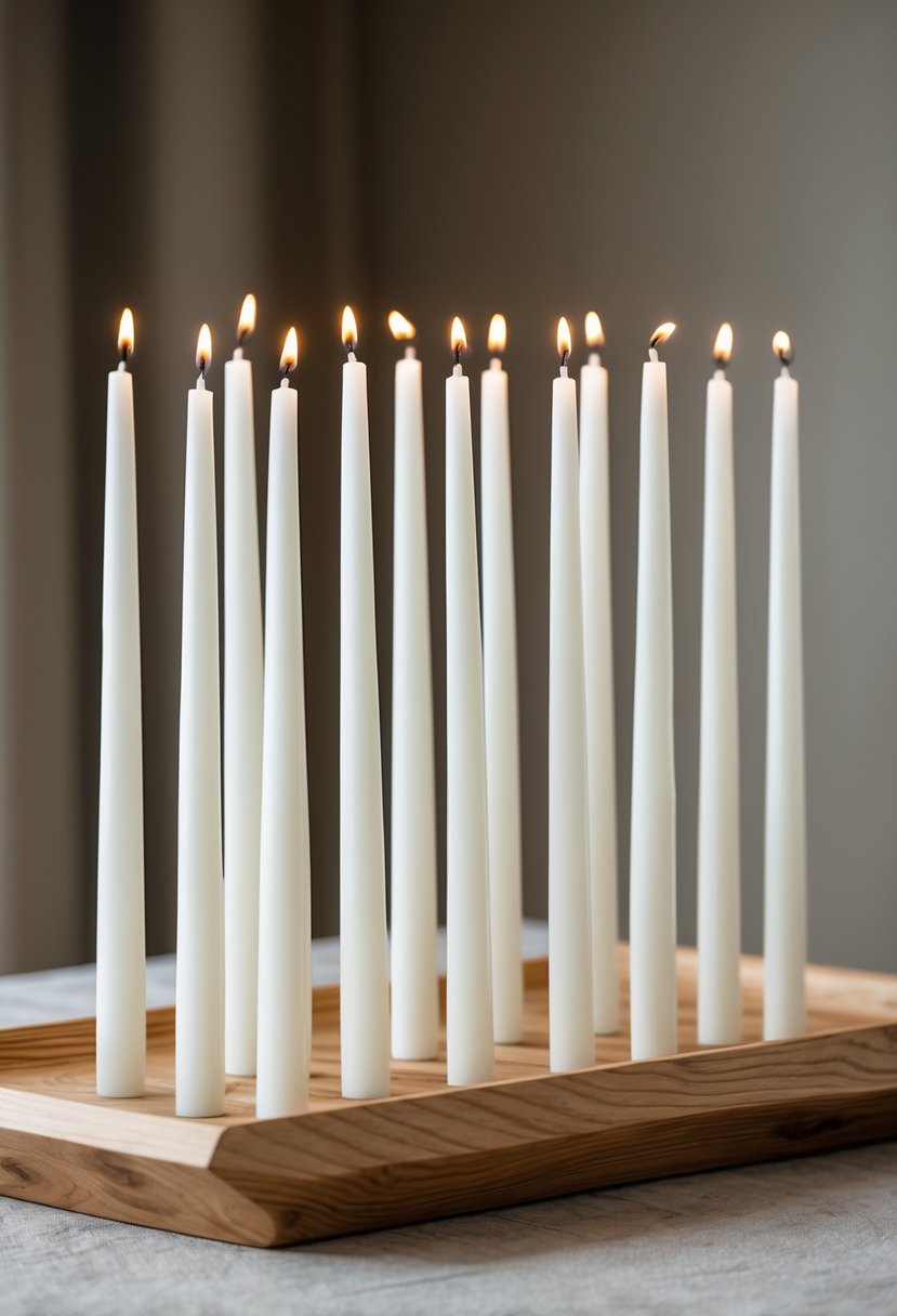 A row of slender white taper candles arranged on a wooden tray.