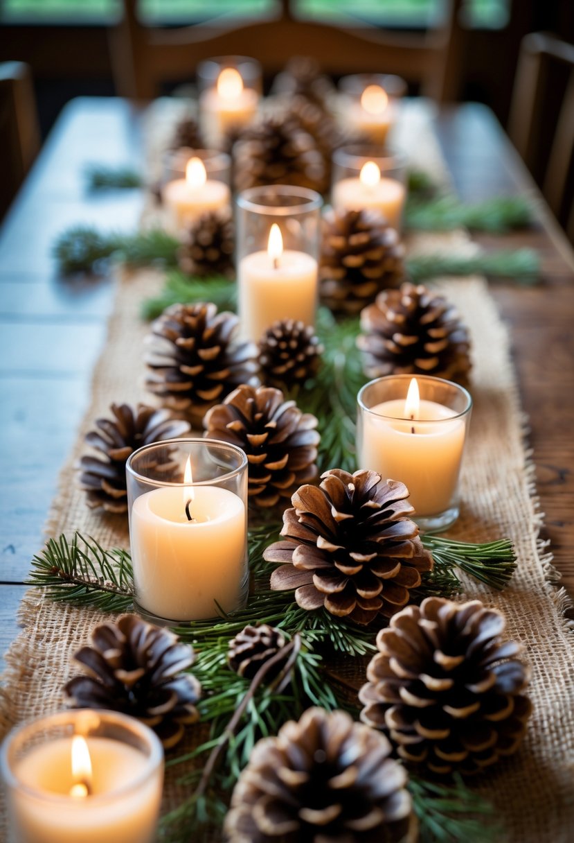 A burlap table runner on a wooden table with scattered pinecones and lit candles arranged as a centerpiece.