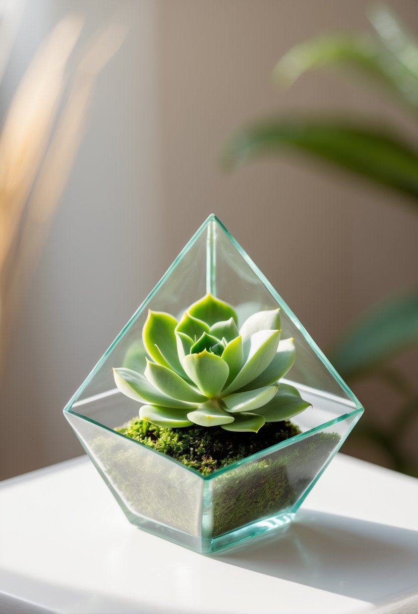 A small glass geometric terrarium holding a green succulent plant on a white surface.