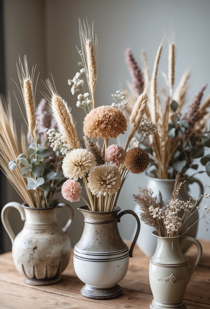 Dried flower arrangements in antique pitchers displayed on a wooden table.