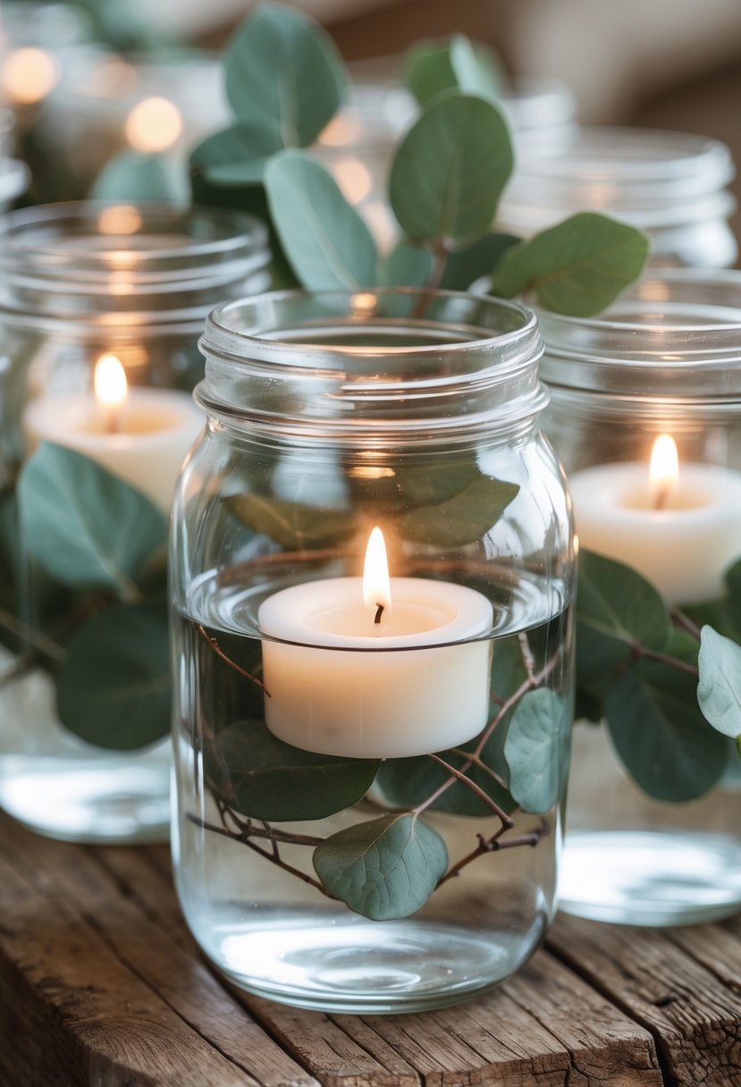 Clear mason jars with lit floating candles and eucalyptus leaves arranged on a wooden surface.