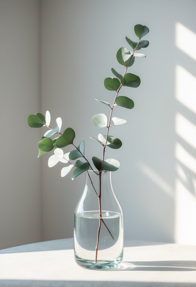 A clear glass vase holding one eucalyptus branch on a light surface with a plain background.