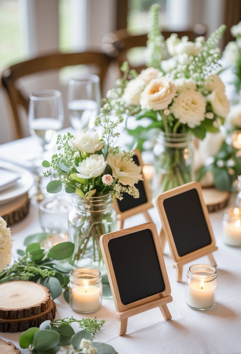 A wedding table centerpiece with small blank mini chalkboards surrounded by flowers, candles, and rustic decorations.