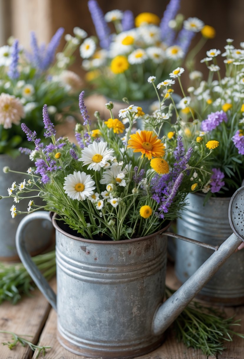 Old metal watering cans filled with fresh wildflowers arranged on a wooden surface.