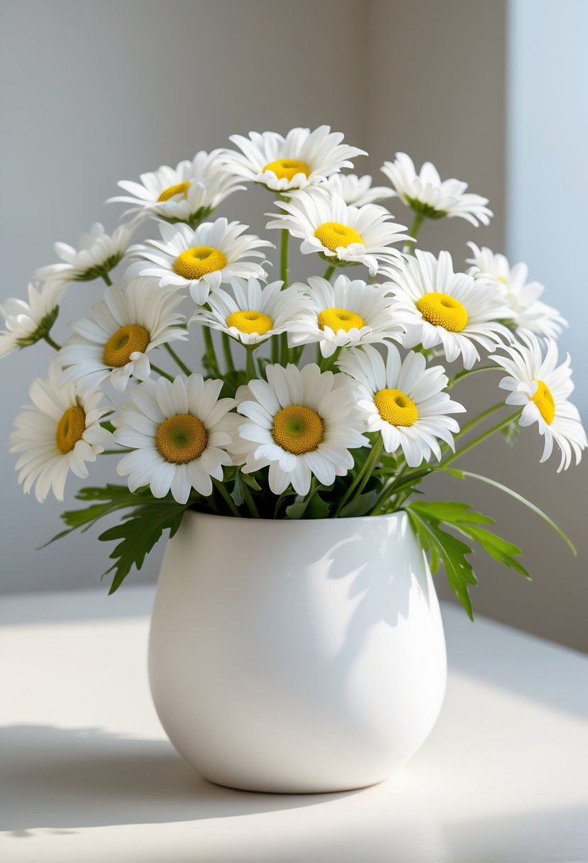 A cluster of white daisies with yellow centers in a simple white ceramic pot on a light surface.