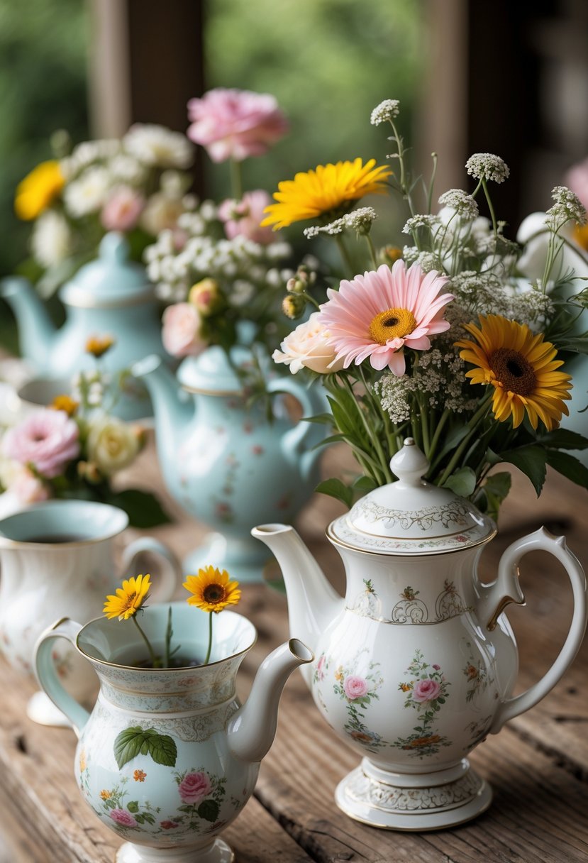 A group of vintage teapots filled with fresh flowers arranged on a wooden table as wedding centerpieces.