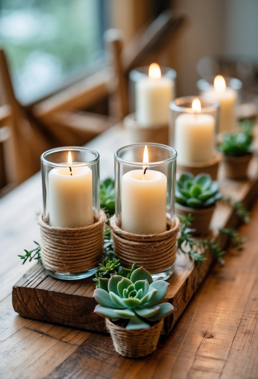 A rustic wedding centerpiece with twine-wrapped candle holders and small green succulents on a wooden table.