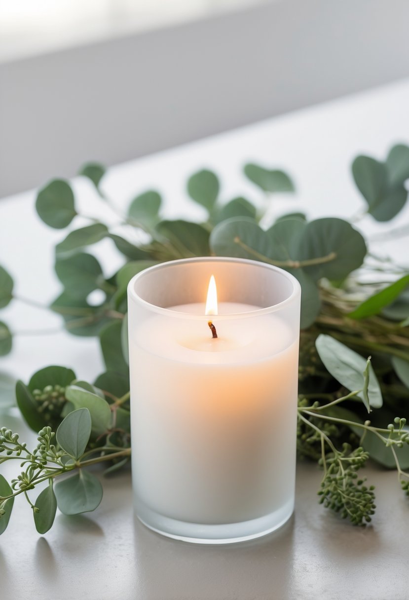 A lit white candle in a frosted glass holder surrounded by green leaves on a neutral surface.