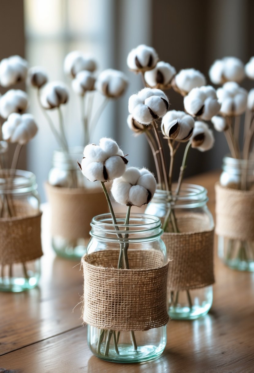 Glass jars wrapped in burlap filled with white cotton stems arranged on a wooden table.
