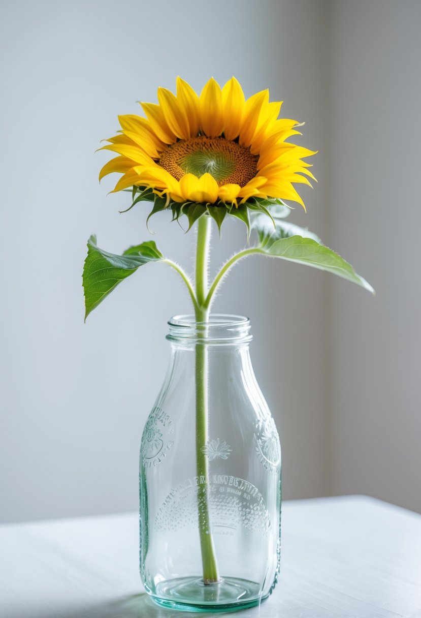 A single yellow sunflower in a clear vintage milk bottle on a white surface.