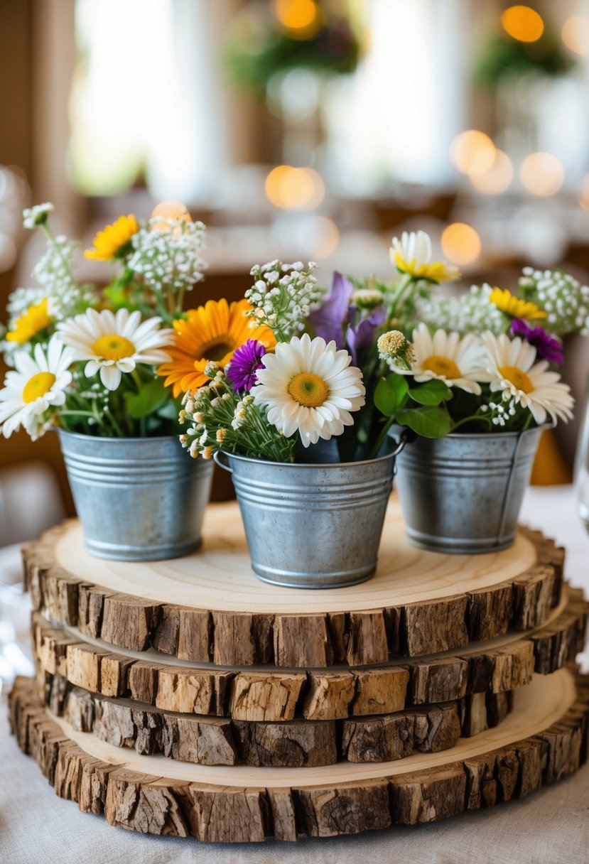 Stacked wood slices topped with small metal buckets filled with colorful flowers on a table.
