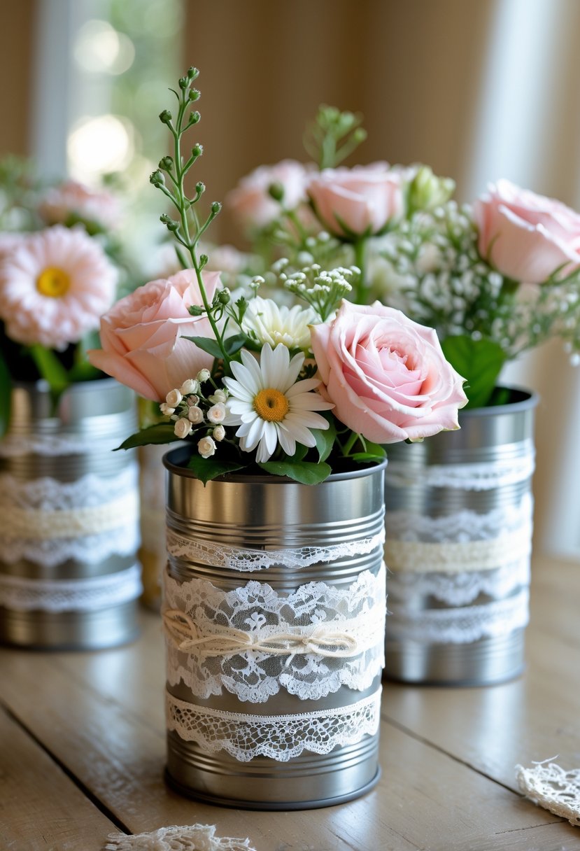 Tin cans wrapped in lace and filled with pink roses, white daisies, and greenery arranged on a wooden table.