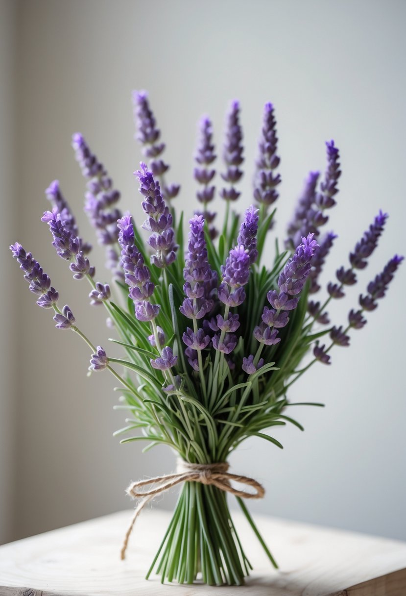 A small bouquet of lavender tied with twine resting on a light wooden surface.