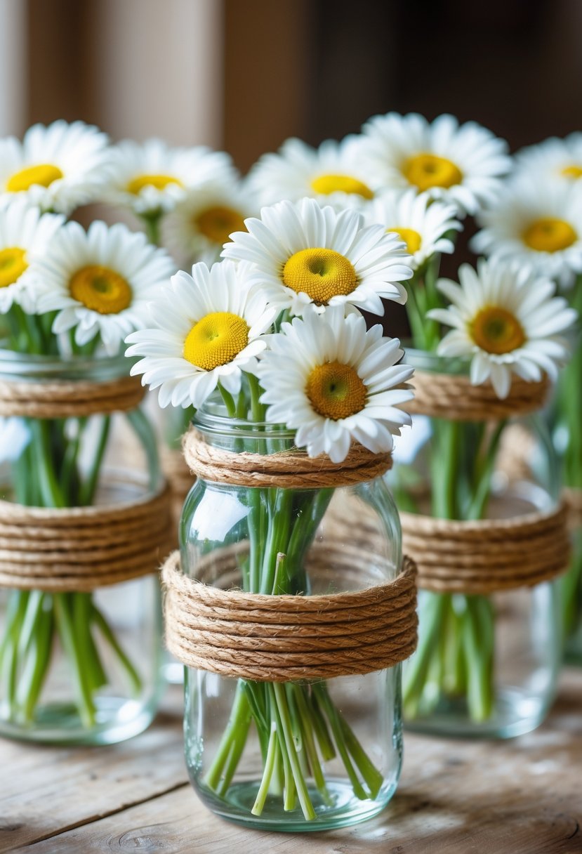 Glass jars wrapped in rope holding white daisy bouquets arranged on a wooden surface.