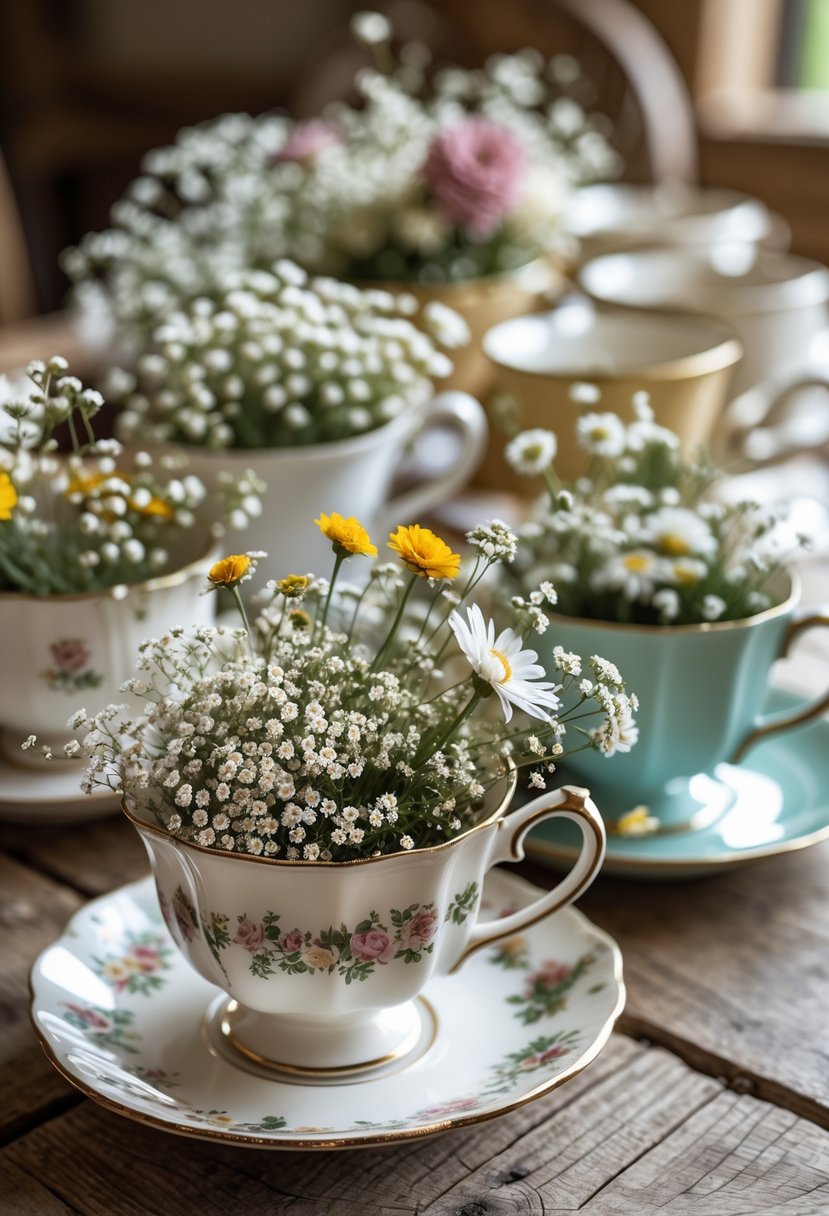 A group of mismatched vintage teacups filled with small flowers arranged on a wooden table.