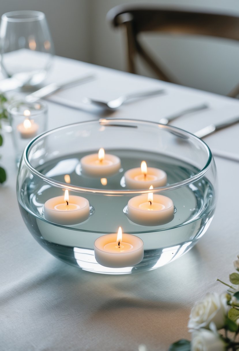 A clear glass bowl filled with water holding several small white floating candles on a white tablecloth.