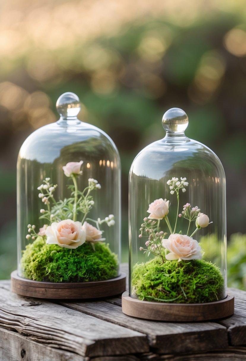 Two glass cloche domes covering moss and small flowers on a wooden surface.