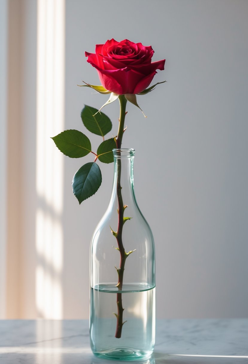 A single red rose stem in a narrow-necked clear glass bottle on a neutral background.