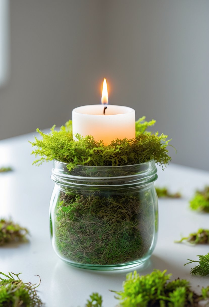 A small glass jar filled with green preserved moss and a lit white tea light candle on top, placed on a white surface.