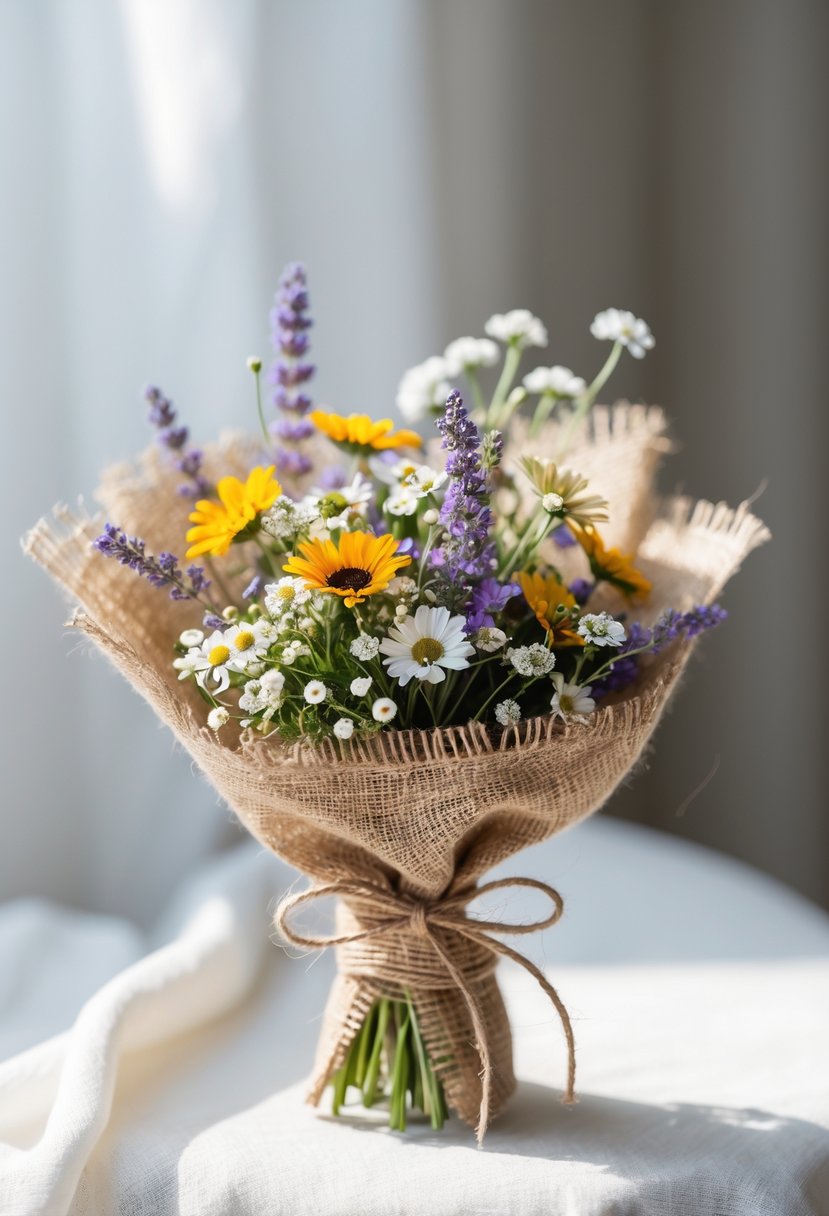 A small bouquet of wildflowers wrapped in burlap fabric tied with twine, placed on a white surface.
