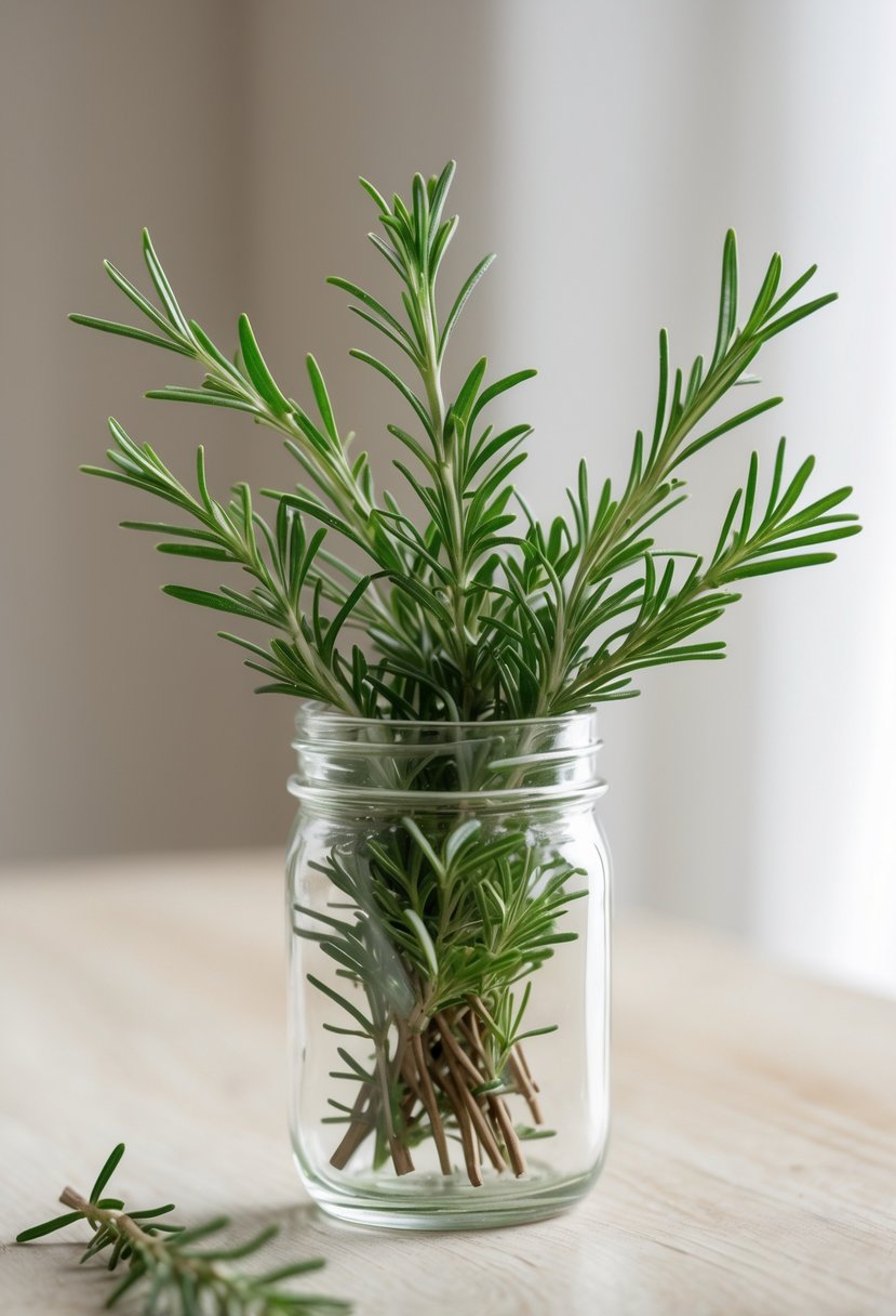 A small clear glass jar containing fresh rosemary sprigs on a light wooden surface.