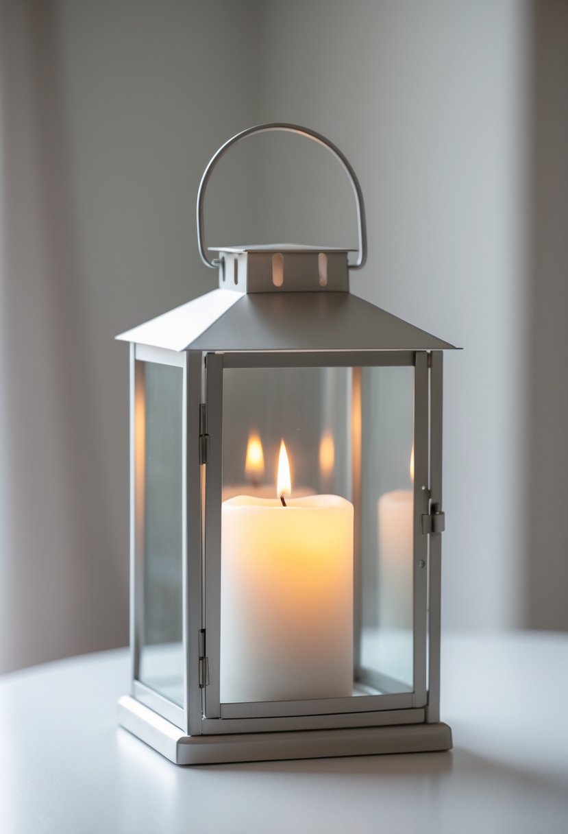 A simple metal lantern with a lit candle inside placed on a white surface.