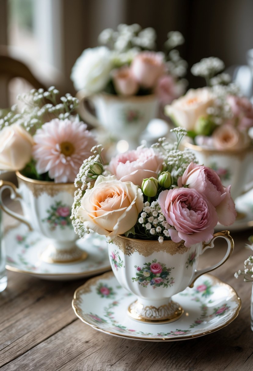 A table with vintage teacups filled with pastel flowers arranged as a wedding centerpiece.