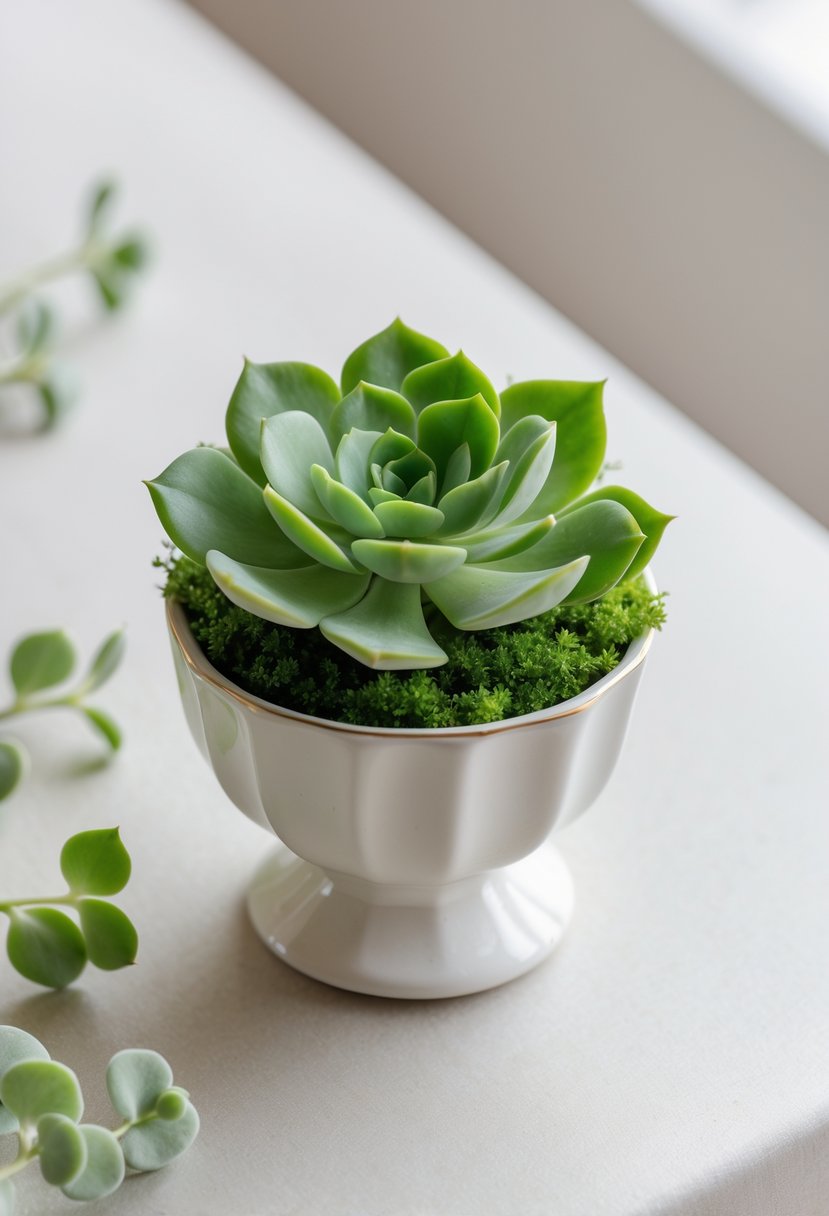 A single green succulent plant in a white ceramic cup on a light surface with a blurred background.