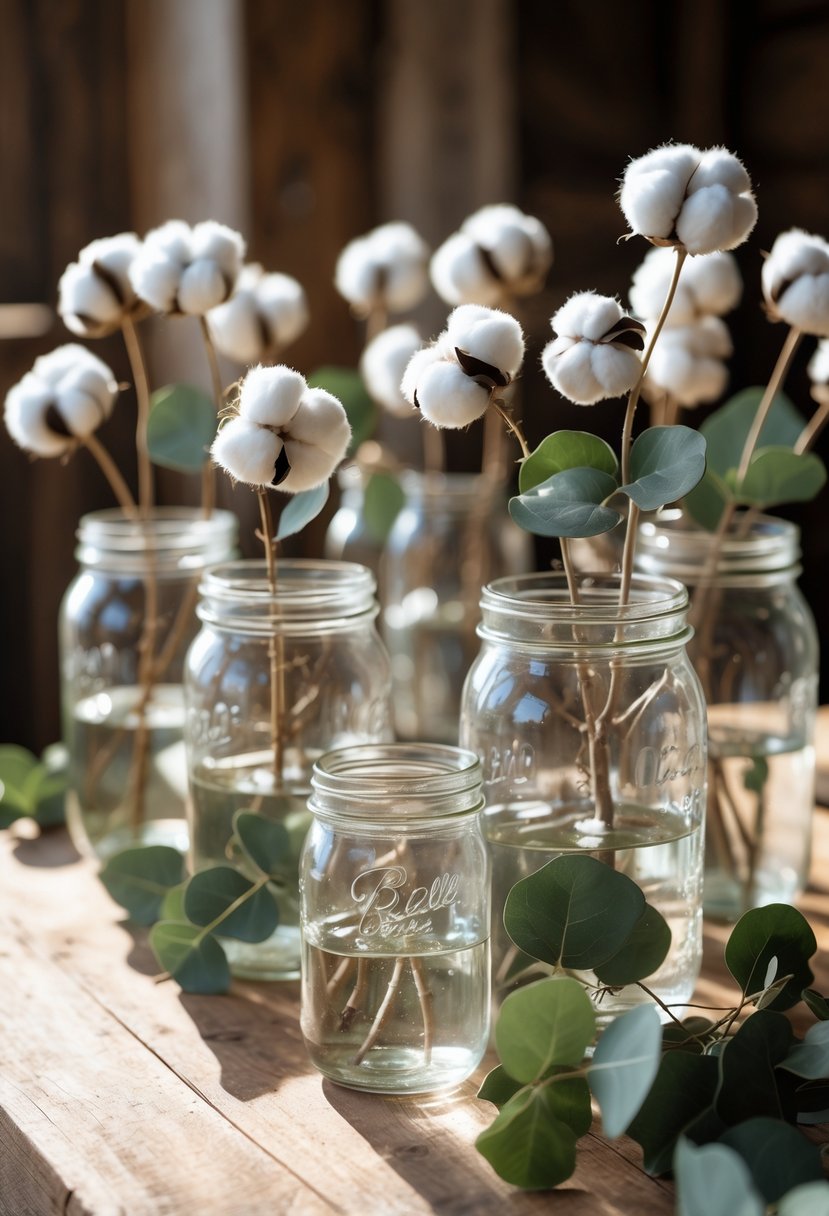 Mason jars filled with cotton stems and eucalyptus branches arranged as a wedding centerpiece on a wooden table.