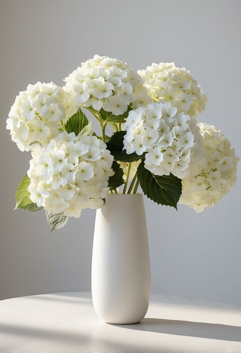 White hydrangea flowers arranged in a simple vase on a light surface.
