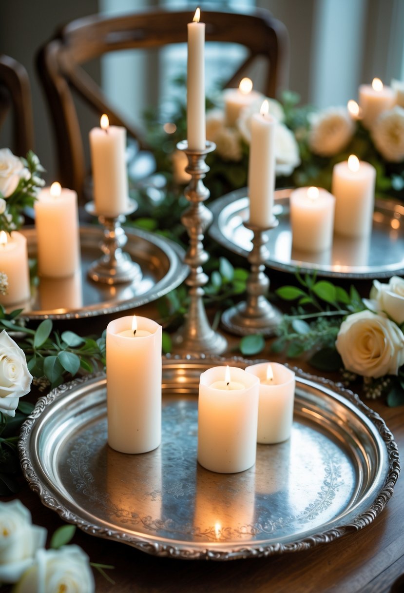 Antique silver trays holding lit pillar candles surrounded by white flowers on a wooden table.