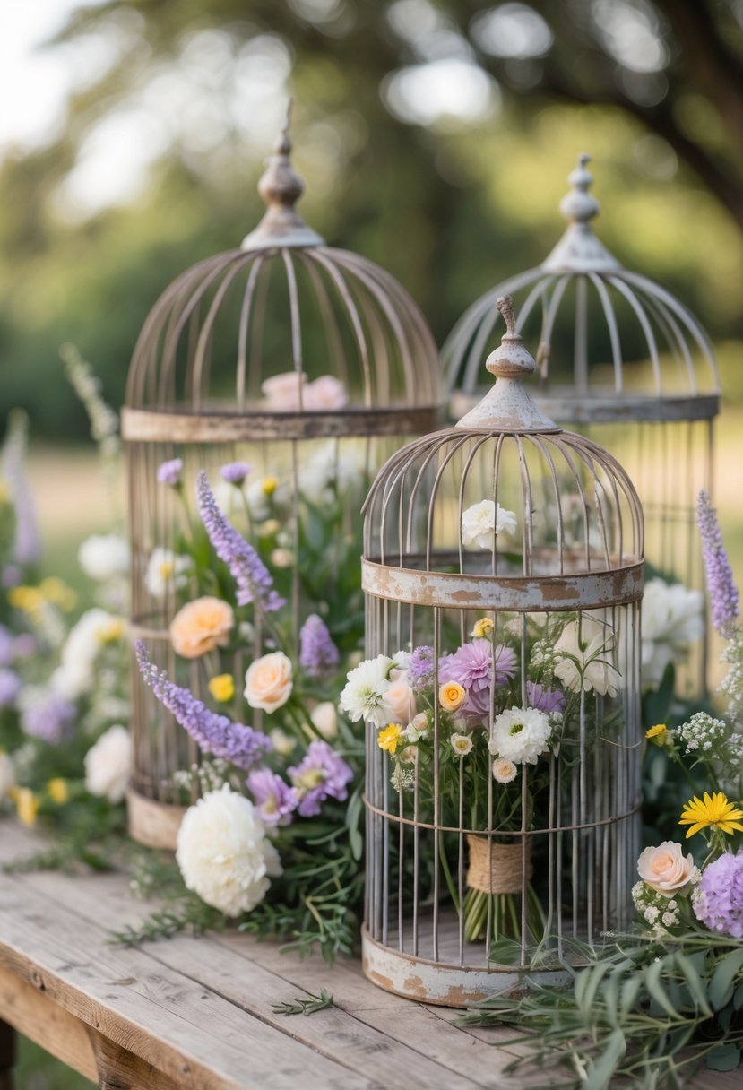 Rustic birdcages filled with wildflowers arranged on a wooden table.