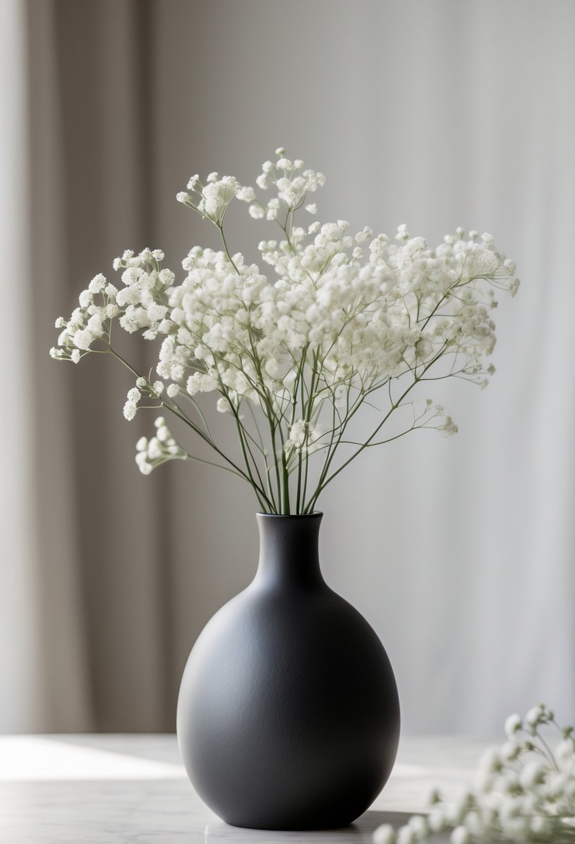A black vase holding delicate white baby's breath flowers on a plain surface.