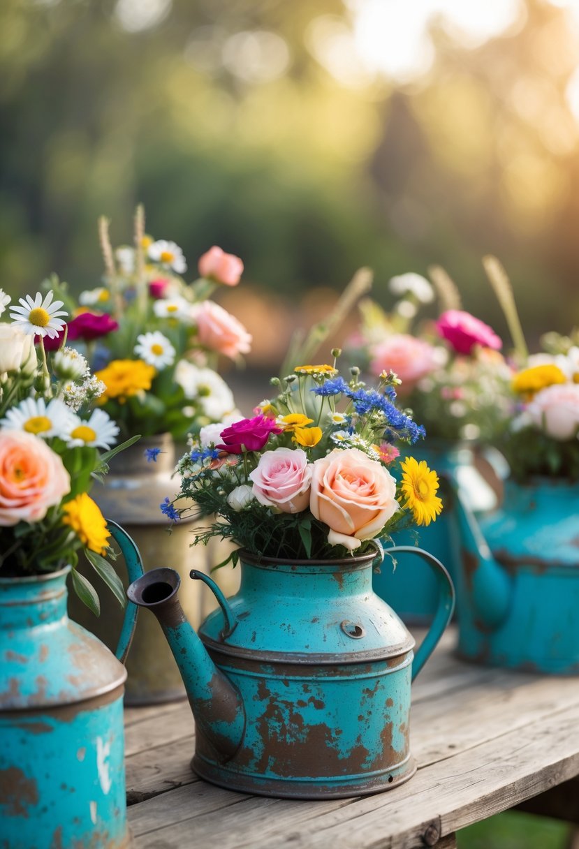 Old metal kettles filled with colorful flowers arranged on a wooden table as decorative flower pots.