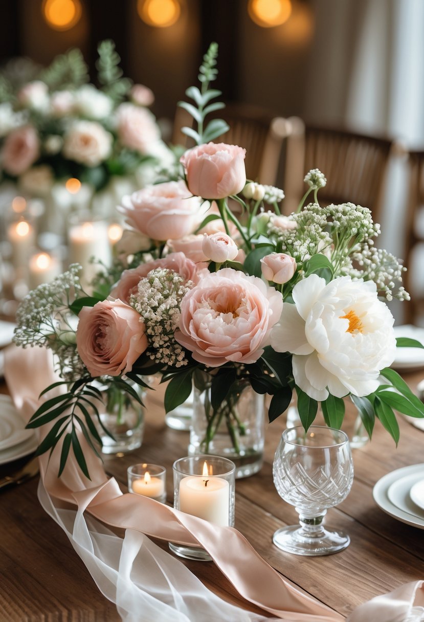 A wedding table centerpiece with pink and white flowers, green leaves, glass vases, and candles on a wooden table.