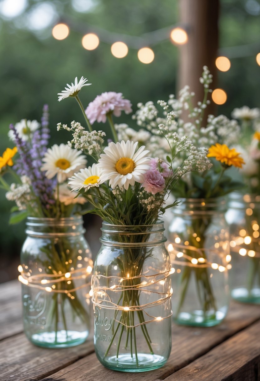 Several mason jars filled with wildflowers and fairy lights arranged on a wooden table.