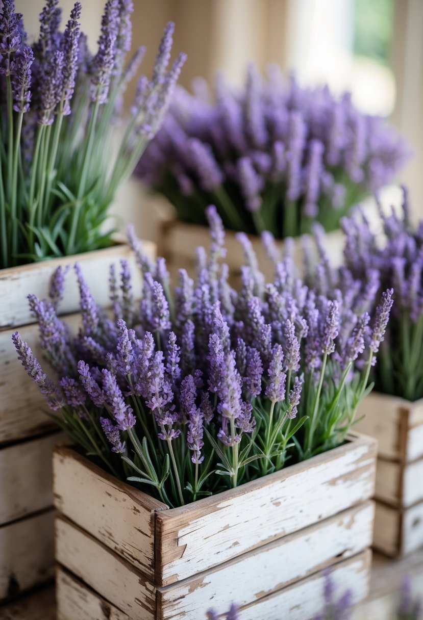 Distressed wooden boxes filled with fresh lavender flowers arranged as a wedding centerpiece.