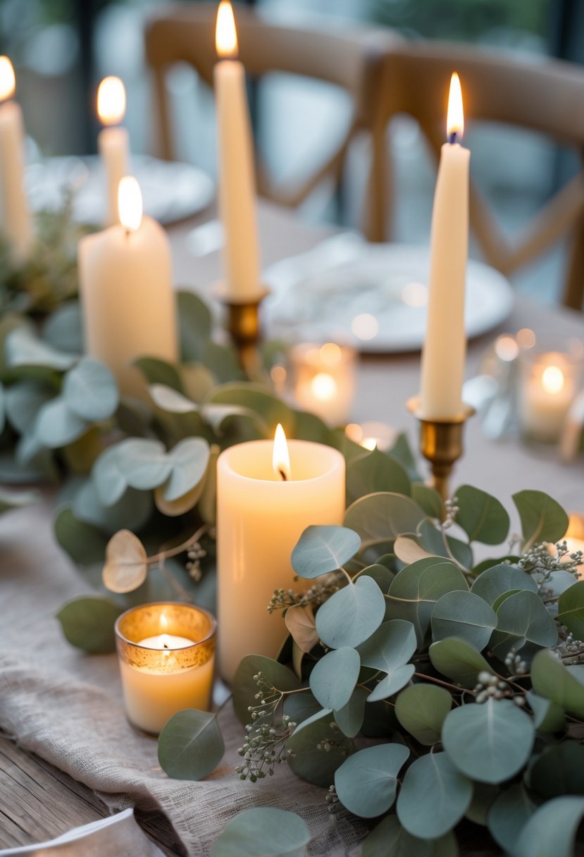 A wedding centerpiece with eucalyptus garland wrapped around lit candles on a wooden table.