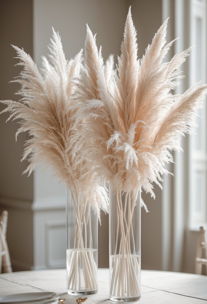 Tall glass vases filled with pampas grass arranged as wedding centerpieces on a table.
