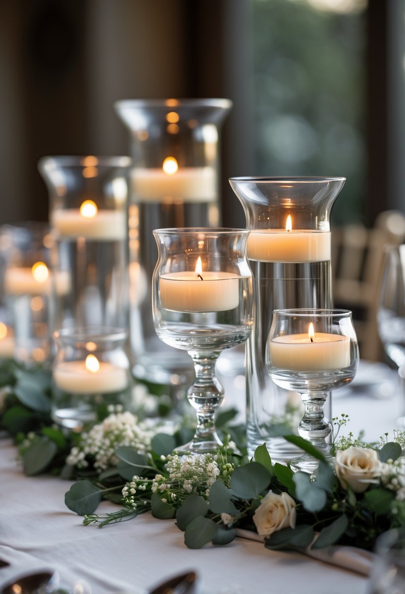A wedding table centerpiece with glass hurricane vases holding floating candles surrounded by greenery and small white flowers.