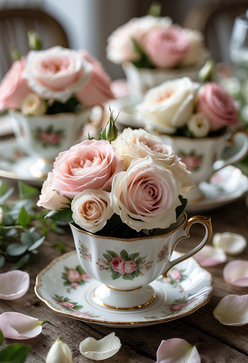 A wedding centerpiece with vintage teacups filled with fresh roses on a wooden table.