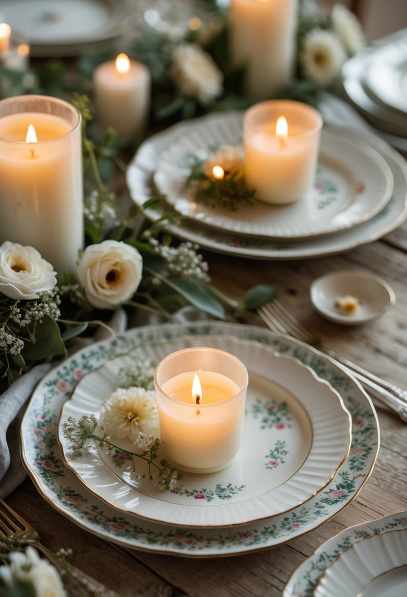 Small candle arrangements on China plates as wedding centerpieces on a wooden table.