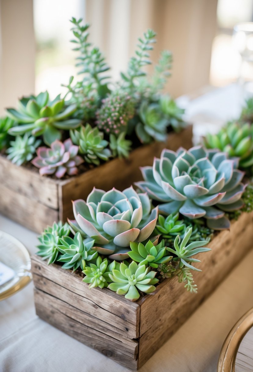 Succulent plants arranged in rustic wooden boxes on a wooden table, serving as wedding centerpieces.