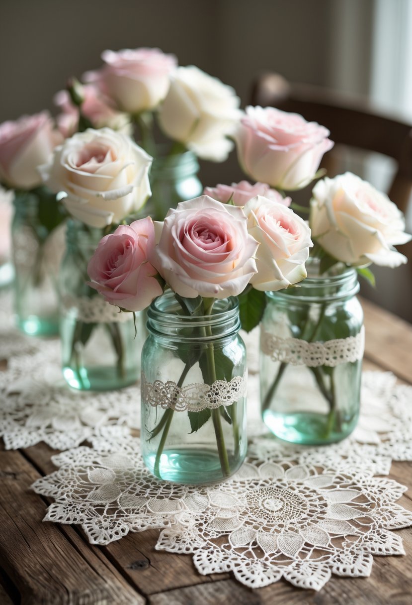 Glass jars filled with pink and white roses sitting on lace doilies on a wooden table.
