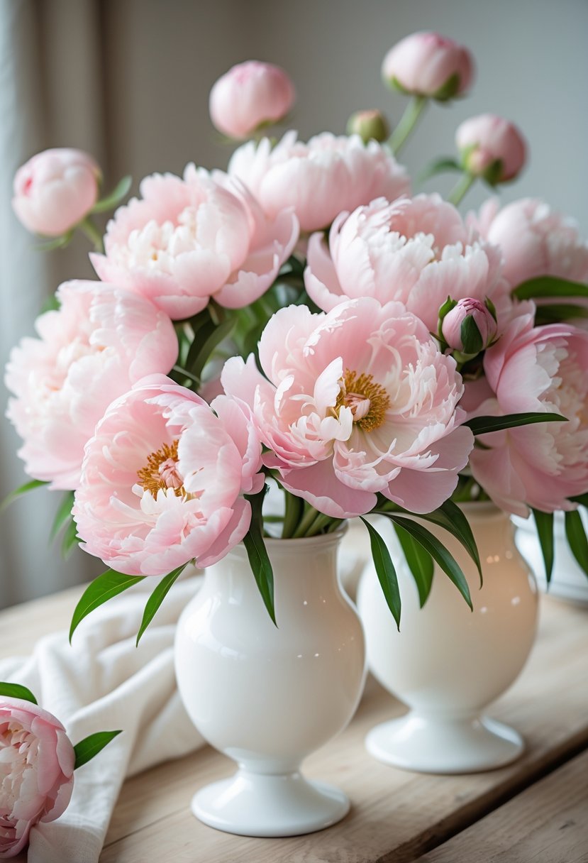 Soft pink peonies arranged in white milk glass vases on a wooden table.
