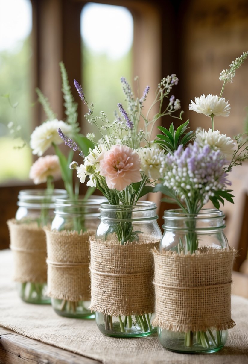 Mason jars wrapped in burlap filled with wildflowers arranged on a wooden table as a wedding centerpiece.