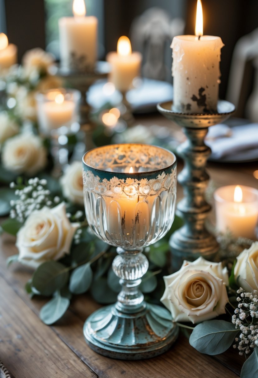 Crystal candle holders with lit candles arranged on a wooden table surrounded by flowers as a wedding centerpiece.