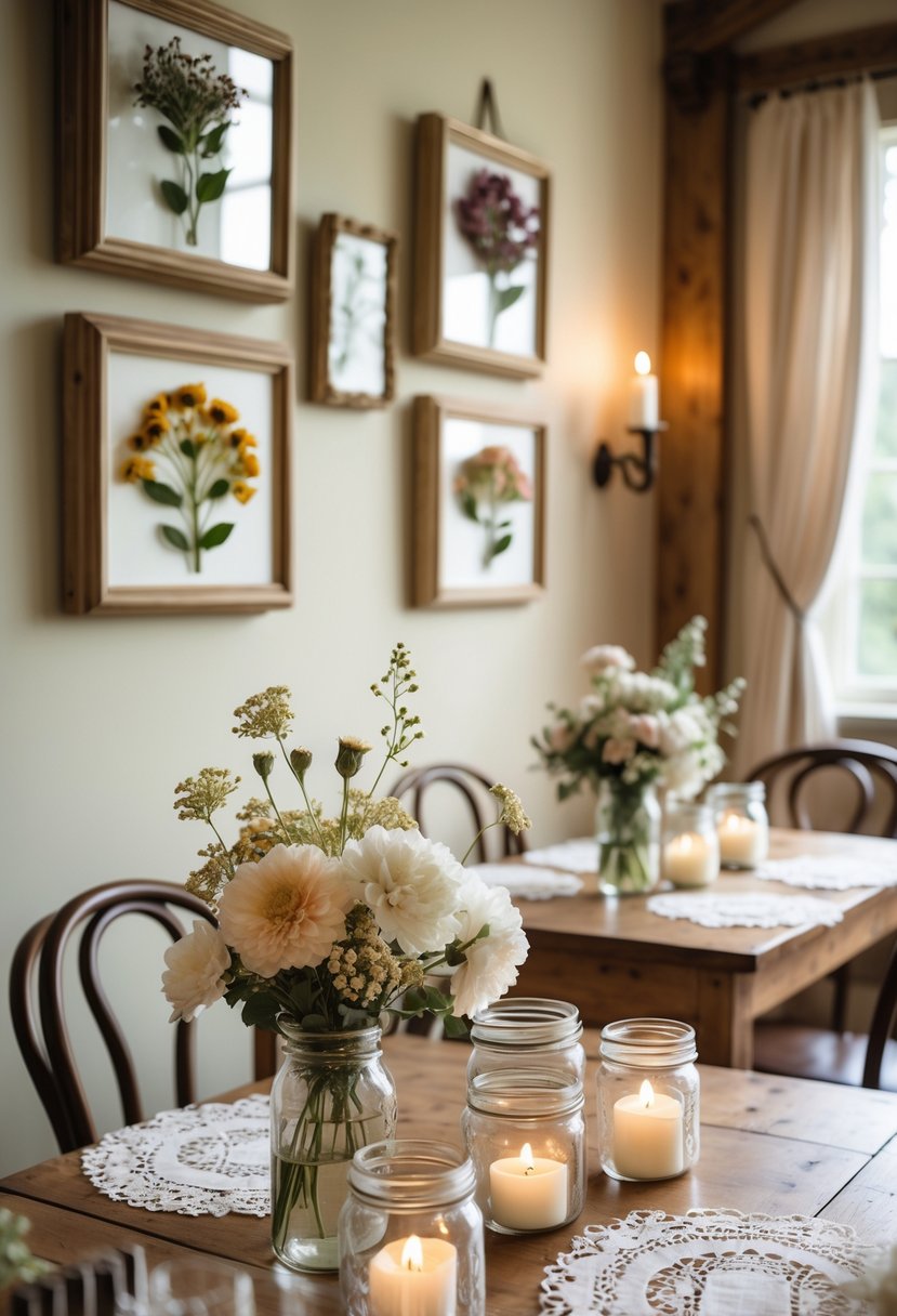 Pressed flower frames hanging on a wall above tables decorated with vintage wedding centerpieces including flowers and candles.